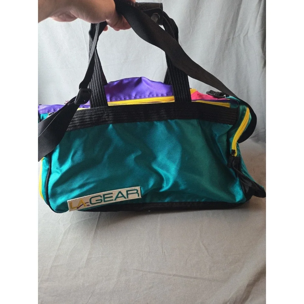 Vintage 80s LA Gear Duffle Bag  Neon Color Block Mesh 18"x9"x9" - Picture 3 of 16